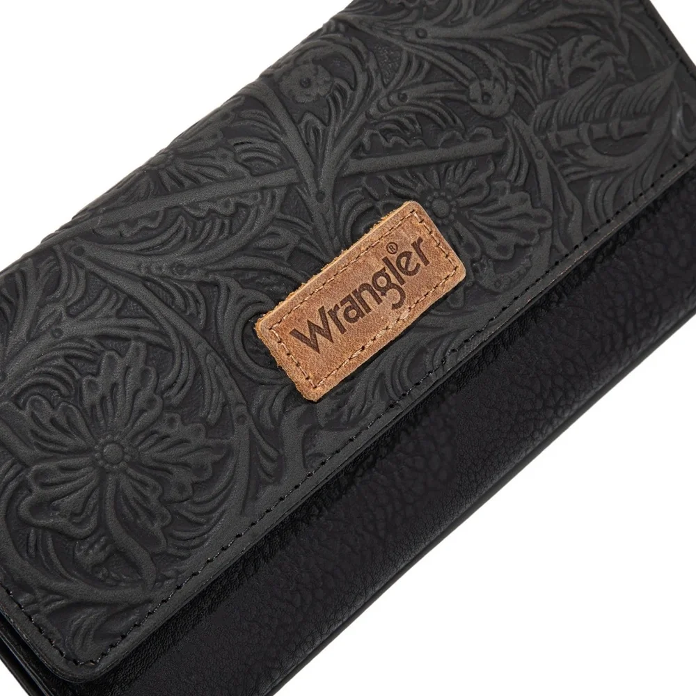 Wrangler Western Floral Tooled Tri-fold RFID Wallet/Wristlet Black